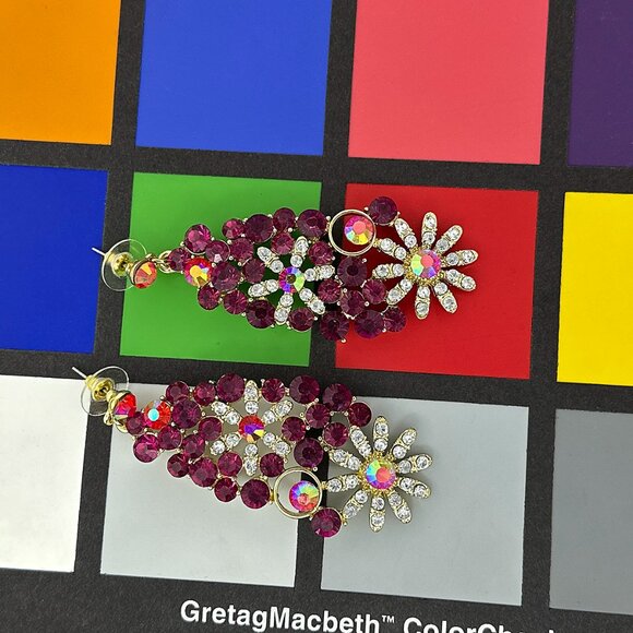 VTG Statement Rhinestone Dangle Earrings | Magenta & Iridescent Crystal Glam - Picture 4 of 4